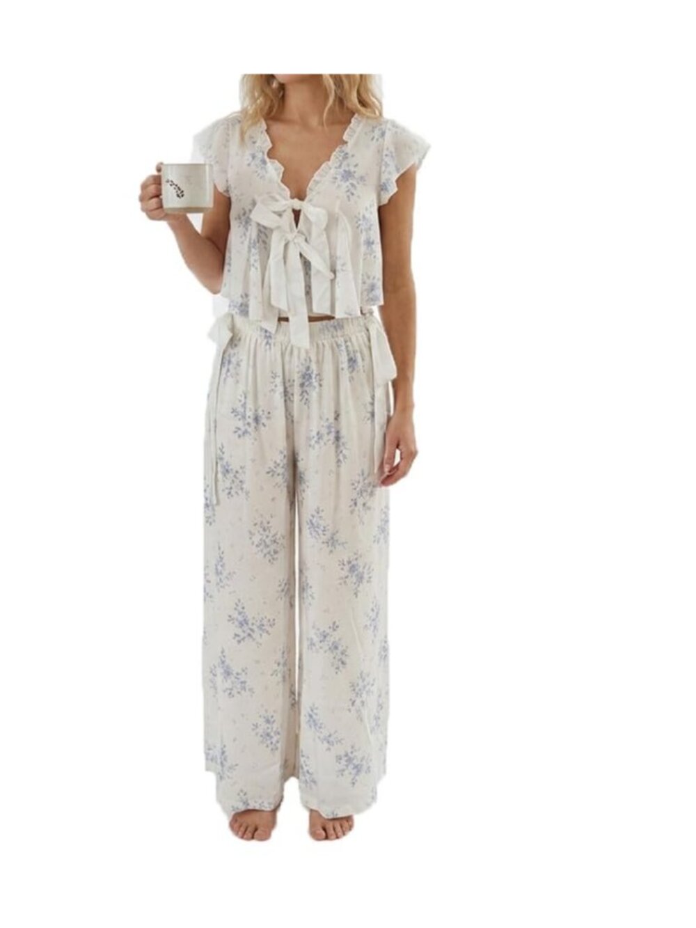 Ruffle Crop Pajama Set Sleeveless Tie Front Bow Wide Leg Lounge